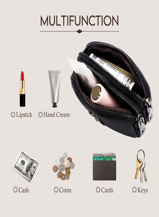 imeetu Women Leather Coin Purse, Small 2 Zippered Change Pouch Wallet(Black) - Image 2