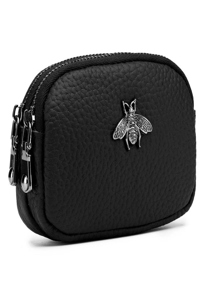 imeetu Women Leather Coin Purse, Small 2 Zippered Change Pouch Wallet(Black) - Image 1