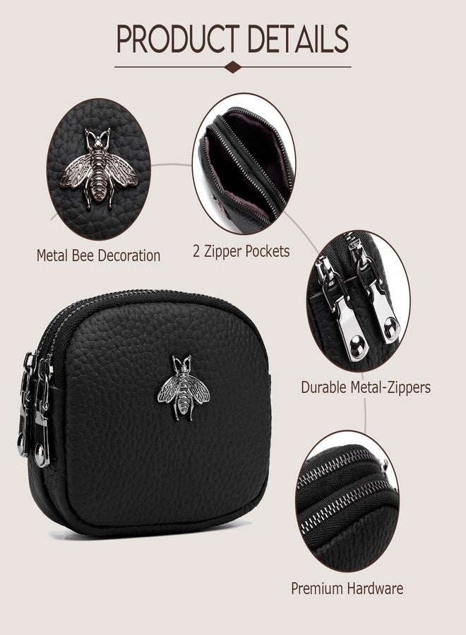 imeetu Women Leather Coin Purse, Small 2 Zippered Change Pouch Wallet(Black) - Image 4