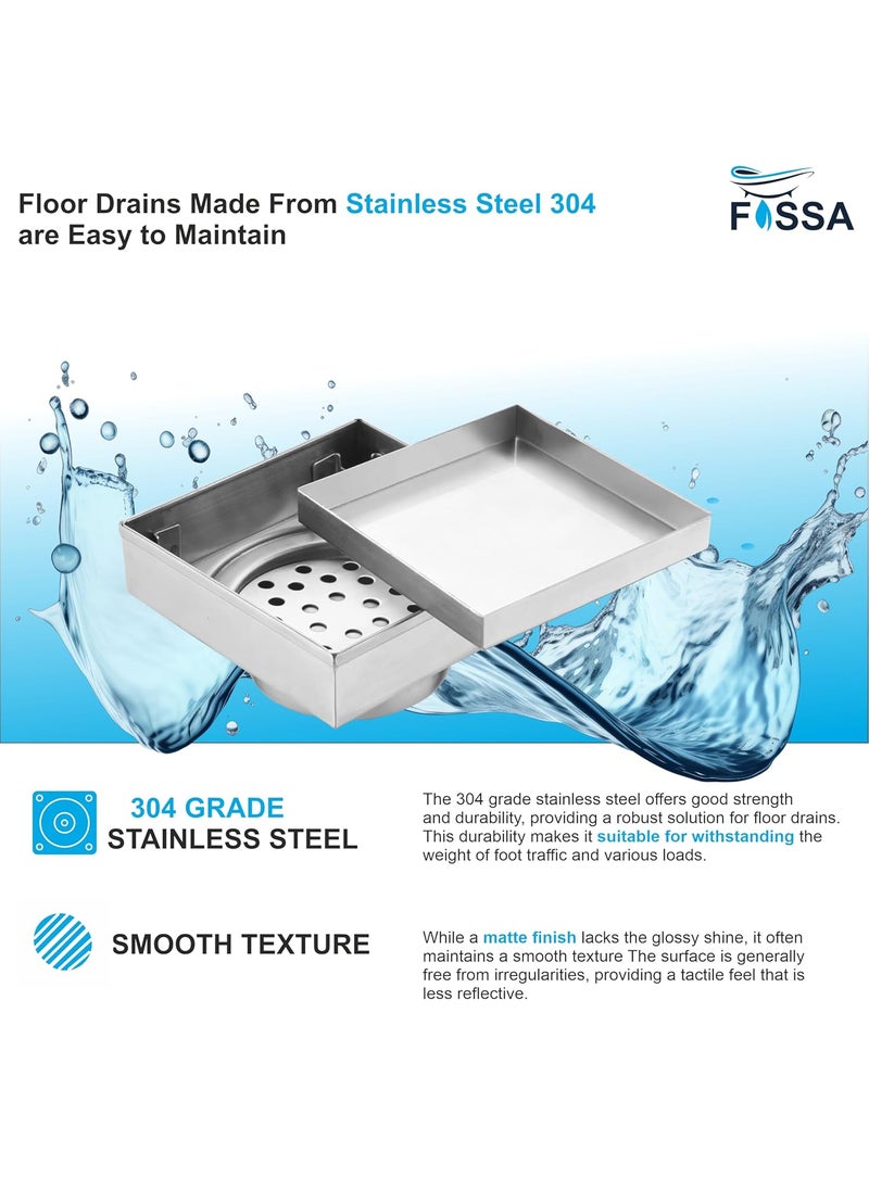 FOSSA Fossa Marble 5X5 Inch Square Floor Drain 304 Grade Stainless Steel for Bathroom Grating Square Floor Drain Jali Matte Finish  - Image 4