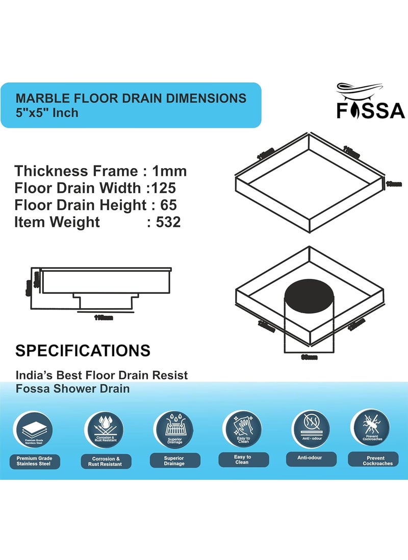 FOSSA Fossa Marble 5X5 Inch Square Floor Drain 304 Grade Stainless Steel for Bathroom Grating Square Floor Drain Jali Matte Finish  - Image 2