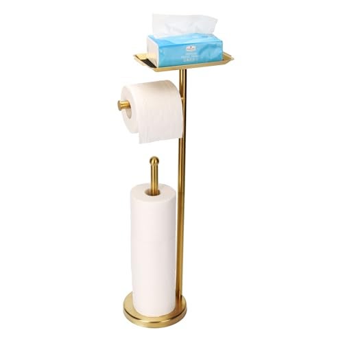 Exilon Toilet Paper Holder Stand for Bathroom Floor Freestanding Toilet Roll Dispenser Storages 4 Reserve Rolls, with Top Storage Shelf for Cell Phone (Brushed Gold) - Image 1