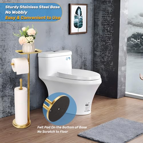 Exilon Toilet Paper Holder Stand for Bathroom Floor Freestanding Toilet Roll Dispenser Storages 4 Reserve Rolls, with Top Storage Shelf for Cell Phone (Brushed Gold) - Image 3