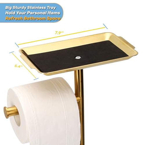 Exilon Toilet Paper Holder Stand for Bathroom Floor Freestanding Toilet Roll Dispenser Storages 4 Reserve Rolls, with Top Storage Shelf for Cell Phone (Brushed Gold) - Image 4