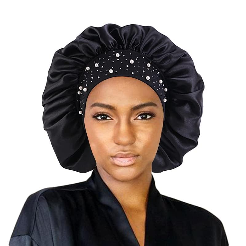 YeeMan Hair Bonnet Glittering Pearls and Rhinestones Satin Bonnet Wide Band Sleeping Cap (Black) - Image 2
