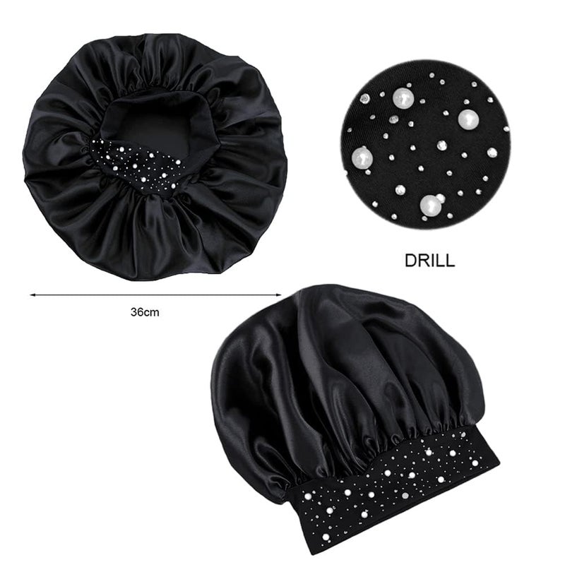 YeeMan Hair Bonnet Glittering Pearls and Rhinestones Satin Bonnet Wide Band Sleeping Cap (Black) - Image 5