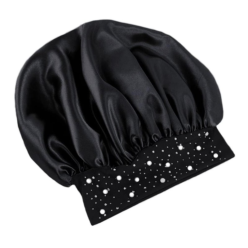 YeeMan Hair Bonnet Glittering Pearls and Rhinestones Satin Bonnet Wide Band Sleeping Cap (Black) - Image 4