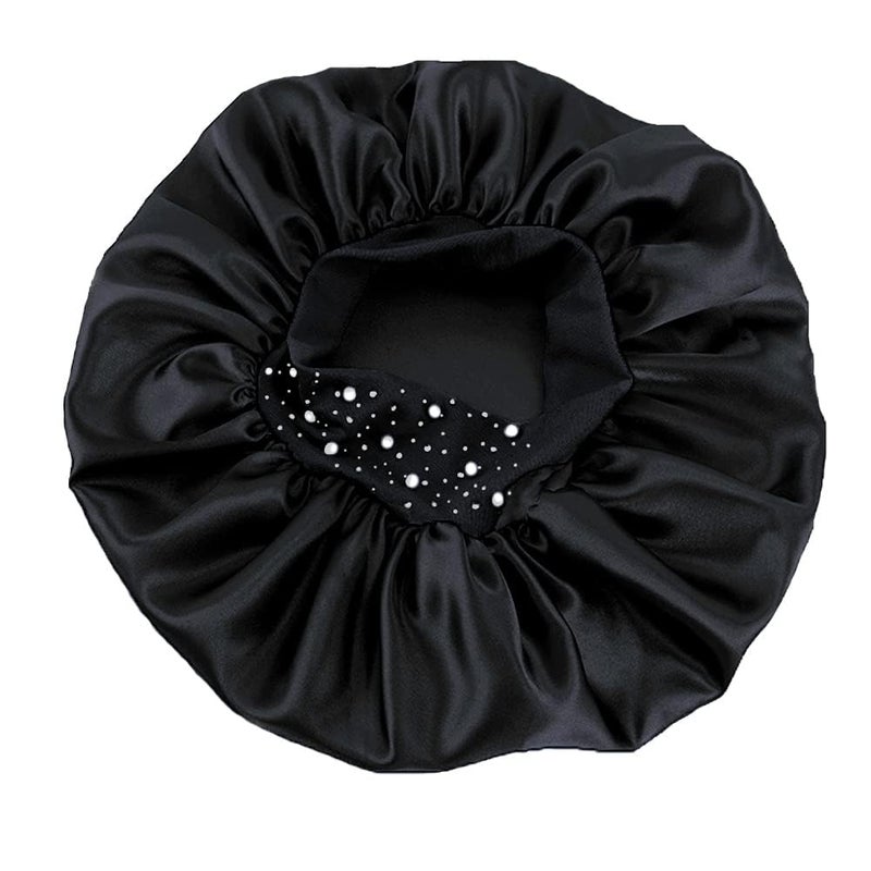 YeeMan Hair Bonnet Glittering Pearls and Rhinestones Satin Bonnet Wide Band Sleeping Cap (Black) - Image 3