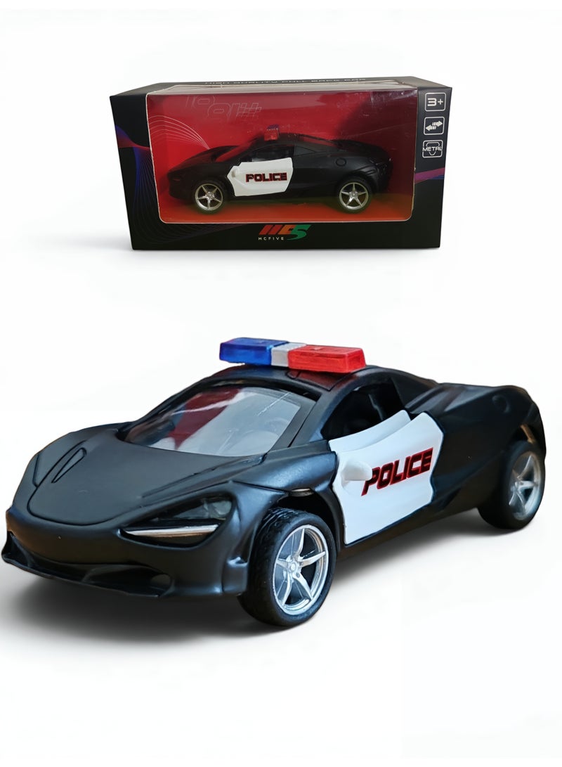 Die-Cast Metal Police Sports Car Toy for Boys with Openable Doors & Pull-Back Action, Black - Image 1