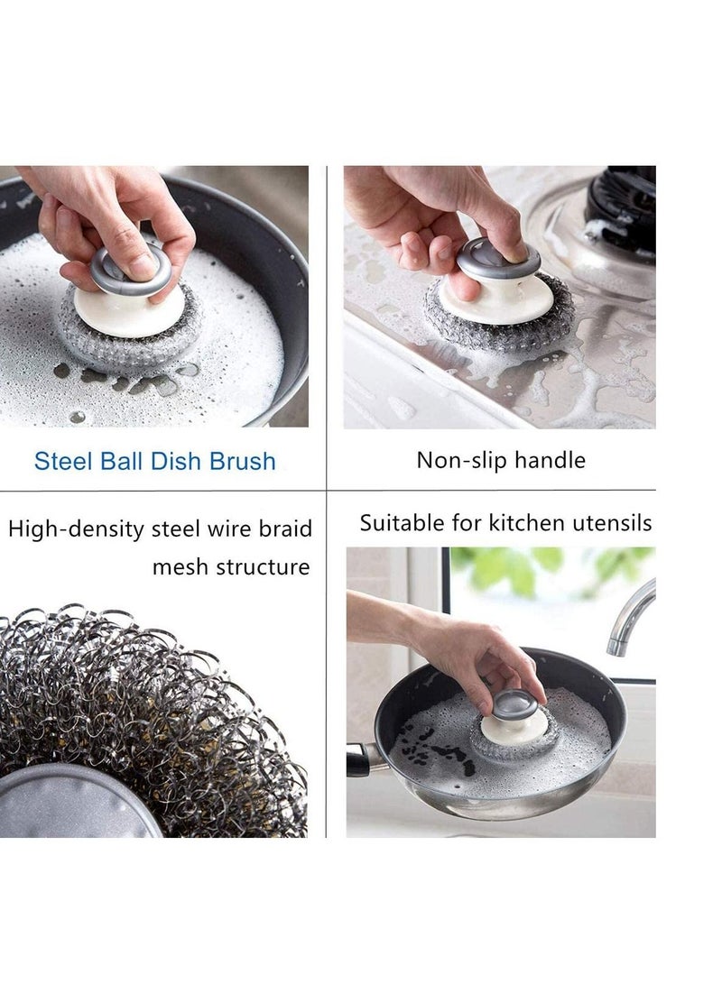SYOSI Dish Brush Steel Ball Pot Brush Kitchen Crevice Cleaning Brush with Scraper Bathroom Scrub Brush 5PCS Handle Brushes - Image 4