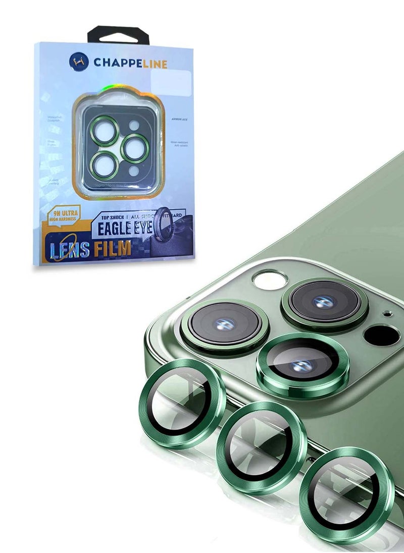 CHAPPELINE - Apple iPhone 16 Pro / iPhone 16 Pro Max 2024 CHAPPELINE Premium Alloy Ring Camera Lens Tempered Glass Protector Shield - Clear/Green - Image 1