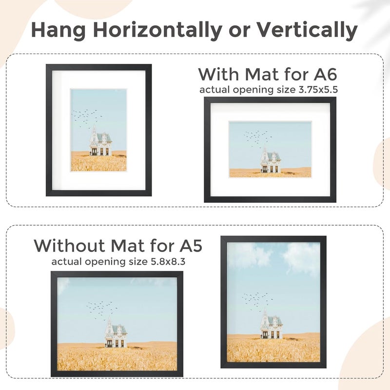 FLYJOE A5 Picture Frame Black - High-End Metal Frame for Wall, Photo Frame with Mat A6, Poster Frame 5.8x8.3, Aluminum Frame and Real Glass, Diploma, Certificates, Decor, Wall Kit, Black - Image 4