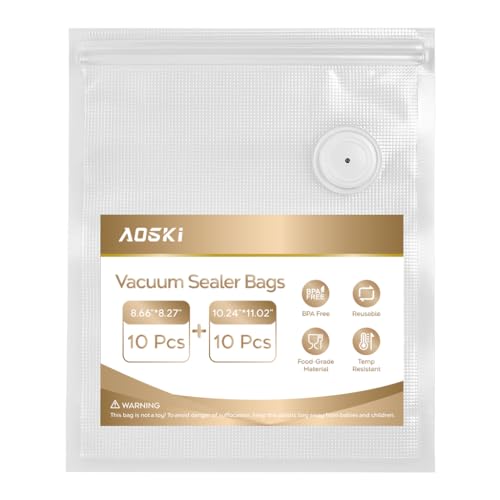 AOSKI Reusable Vacuum Sealer Bags for Food: 20Pcs BPA-Free Vacuum Seal Bags with Air Valve & 5 Seal Clips, Plastic Clear Sous Vide Cooking Bag, Microwaveable Freezer Safe Vacuum Food Storage for Kitchen - Image 1