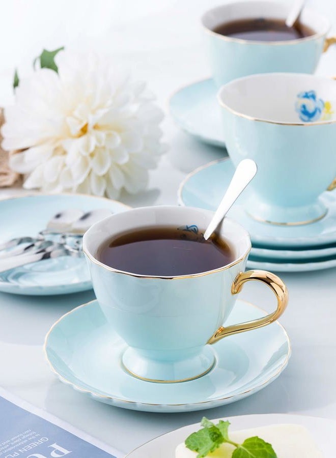 Jusalpha Fine China Tea Cup and Saucer Coffee Cup Set with Saucer and Spoon Set of 6 (FD-TCS02 blue (6), 7oz) - Image 3