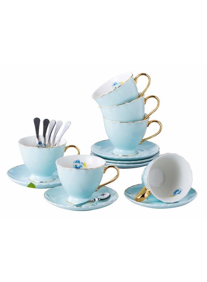Jusalpha Fine China Tea Cup and Saucer Coffee Cup Set with Saucer and Spoon Set of 6 (FD-TCS02 blue (6), 7oz) - Image 1