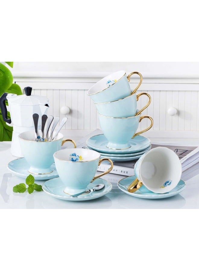 Jusalpha Fine China Tea Cup and Saucer Coffee Cup Set with Saucer and Spoon Set of 6 (FD-TCS02 blue (6), 7oz) - Image 4