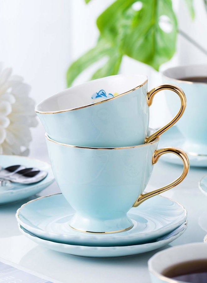 Jusalpha Fine China Tea Cup and Saucer Coffee Cup Set with Saucer and Spoon Set of 6 (FD-TCS02 blue (6), 7oz) - Image 2