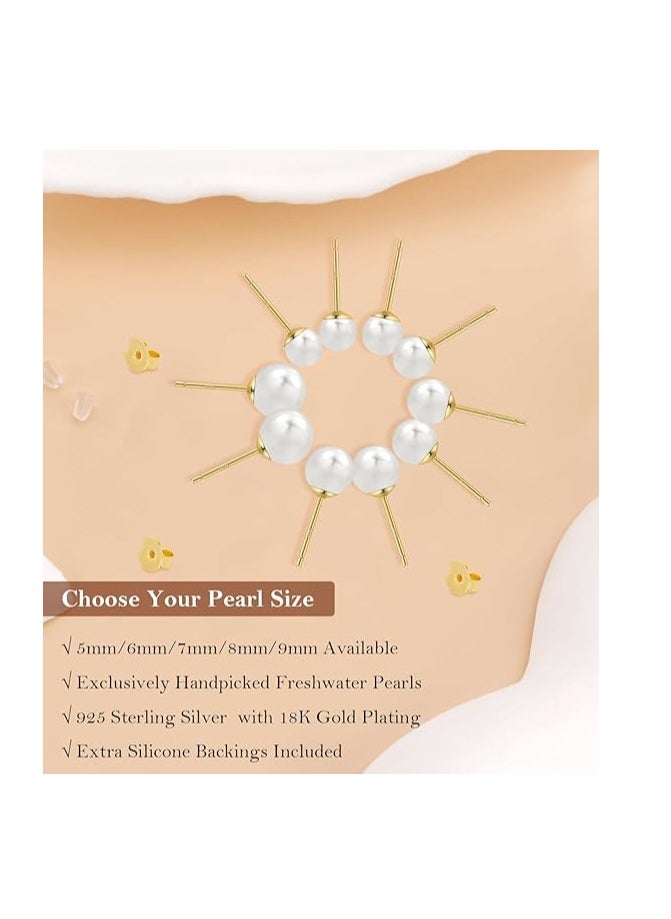 Hain 8MM Freshwater Pearl Stud Earrings for Women, Hypoallergenic 18K Gold Vermeil Earrings Studs with Genuine Round White Pearls  - Image 3