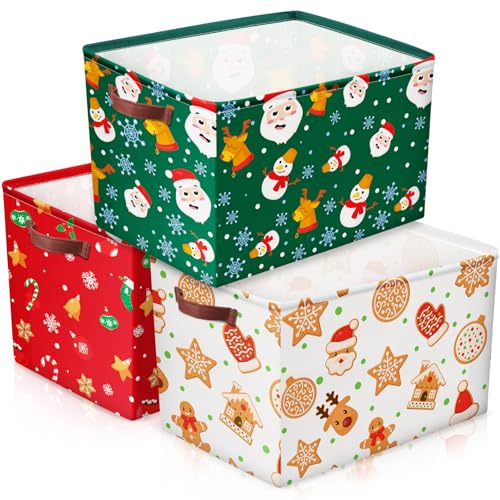 Geelin 3 Pcs Large Christmas Baskets 15 x 11 x 95 Inch Empty Xmas Storage Bin with Handles Collapsible Waterproof Extra Big Foldable Gift Basket for Office Home Bedroom Cloth Toy GiftVintage - Image 1