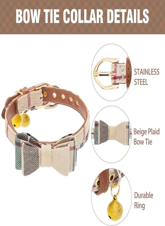 كولتيل طقم طوق ومقود للكلاب الصغيرة من كولتيل مع ربطة عنق وأجراس - طوق ومقود للجراء، مناسب للذكور والإناث، بنقشة مربعات كلاسيكية متناسقة، ومقود من الجلد الناعم مانع للتشابك، مناسب للكلاب والقطط الصغيرة، لون بيج. - Image 3