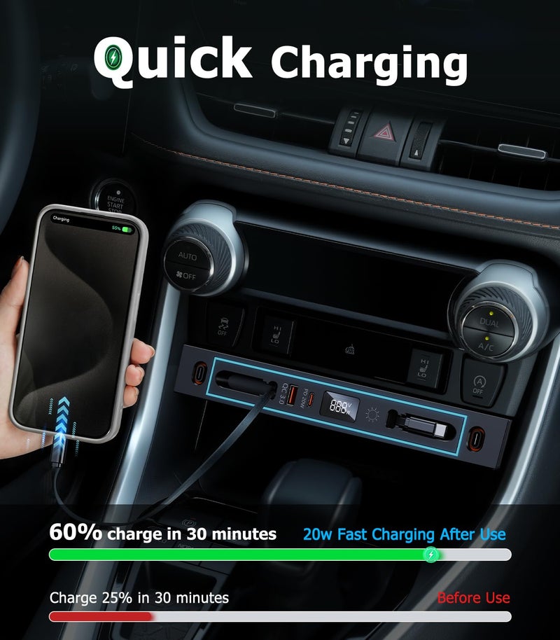 DICMKY for Toyota RAV4 Car Charger USB Hub with RGB Light, 4-Port Retractable Docking Station for Toyota RAV4 Accessories 2025 2024 2023 2022 2021 2020, Center Console Phone Fast Charger/Adaptor Hub - Image 4