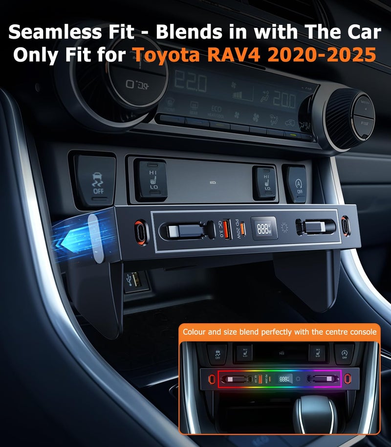 DICMKY for Toyota RAV4 Car Charger USB Hub with RGB Light, 4-Port Retractable Docking Station for Toyota RAV4 Accessories 2025 2024 2023 2022 2021 2020, Center Console Phone Fast Charger/Adaptor Hub - Image 2