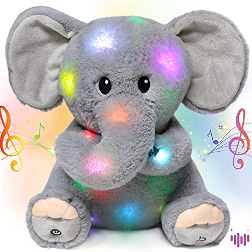 Hopearl LED Musical Stuffed Elephant Lighting Up Singing Plush Toy Adjustable Volume Lullaby Animated Soothe Birthday Festival for Kids Toddler Girls Gray 11 - Image 1