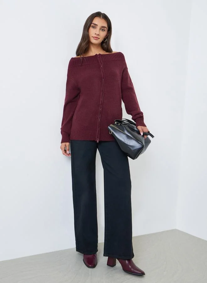 Styli Burgundy Off Shoulder Knit Top with Front Zip