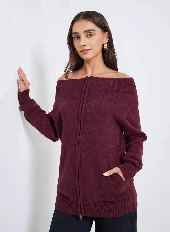 Styli Burgundy Off Shoulder Knit Top with Front Zip