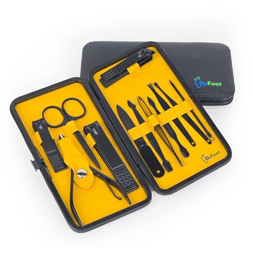 Dr.Foot Dr Foot Manicure & Pedicure Kit for Women & Men | Nail Cutter set | Manicure Kit | Grooming Kit for men | Pedicure Set | Manicure Kit for Women | Nail clippers | Black Leather Travel Case | 12 in 1 - Image 1