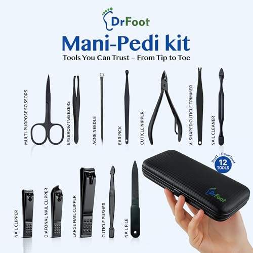 Dr.Foot Dr Foot Manicure & Pedicure Kit for Women & Men | Nail Cutter set | Manicure Kit | Grooming Kit for men | Pedicure Set | Manicure Kit for Women | Nail clippers | Black Leather Travel Case | 12 in 1 - Image 2