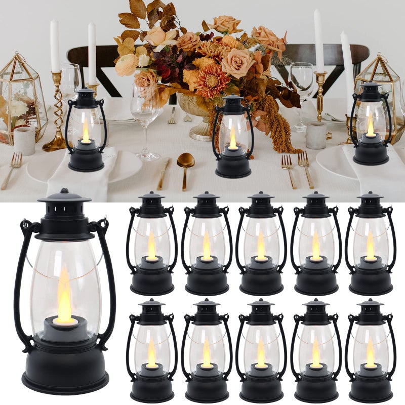 LLQ 12 Pack Vintage Decorative Lanterns, Mini Candle Lantern Decorative LED Candle Holders with Flameless Candles for Wedding Table Centerpieces, Christmas Party Outdoor Decorations, Brown - Image 1