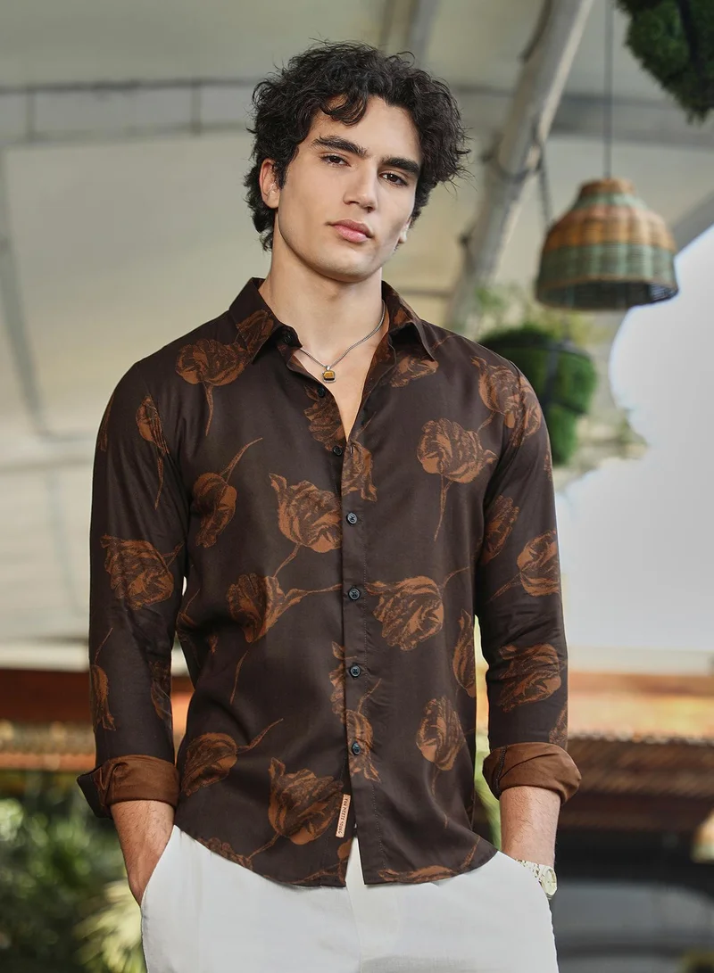 CAHOOT Brown Men's Coffee Brown Withered-Flower Shirt for Men | Best Price UAE