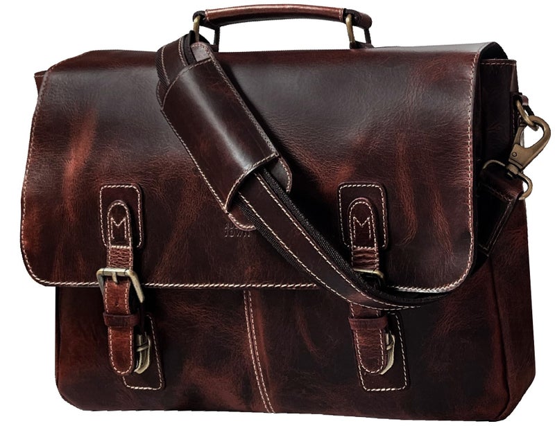 RUSTIC TOWN 16 inch Full Grain Leather MacBook Briefcase Bag - Crossbody Laptop Messenger Bag for Men Women (Mulberry) - Image 1