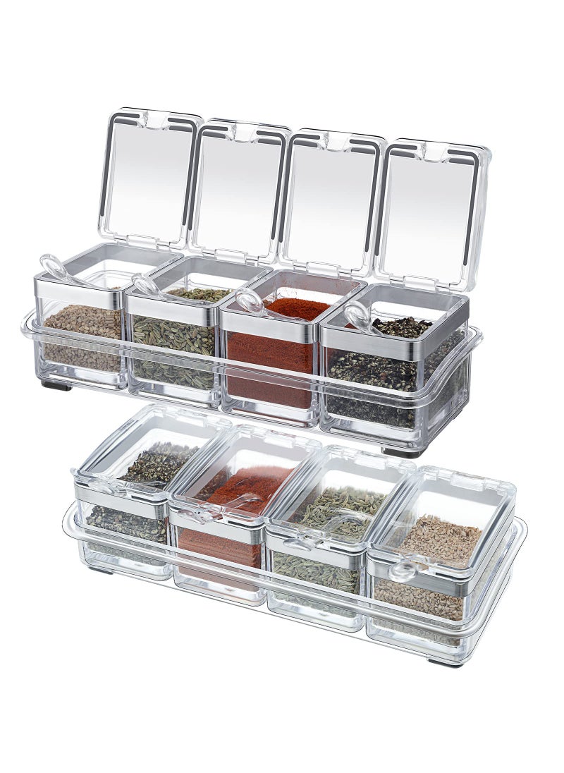 Eccliy 2 Set Acrylic Seasoning Organizer Box 8 Pcs Clear Seasoning Rack Spice Pots Condiments Containers with Lids and Spoons Storage Container Spice Jar for Salt Sugar Cruet Kitchen Cooking Organizer 