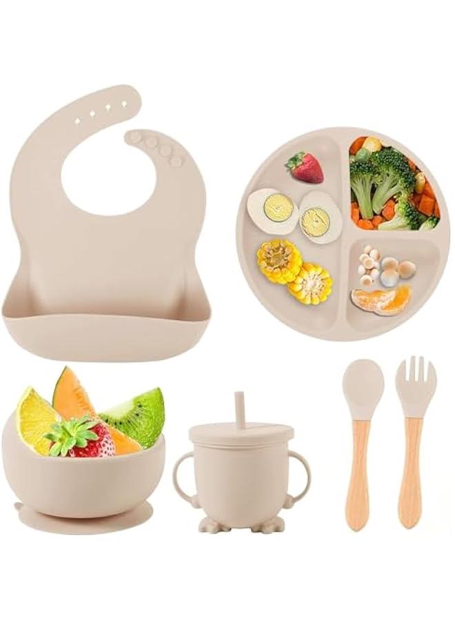 هوكور طقم أدوات تناول طعام سيليكون للأطفال، مستلزمات فطام للأطفال، طبق مقسم بقاعدة لاصقة، مجموعة أطباق تغذية ذاتية، ملاعق وشوك وكوب بفوهة شفط مضاد للانسكاب ومريلة قابلة للتعديل، لعُمر 6 أشهر فما فوق - Image 1