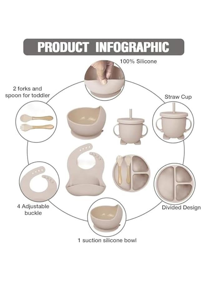 هوكور طقم أدوات تناول طعام سيليكون للأطفال، مستلزمات فطام للأطفال، طبق مقسم بقاعدة لاصقة، مجموعة أطباق تغذية ذاتية، ملاعق وشوك وكوب بفوهة شفط مضاد للانسكاب ومريلة قابلة للتعديل، لعُمر 6 أشهر فما فوق - Image 4