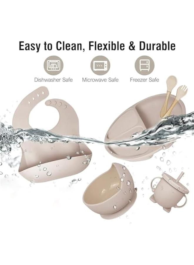 هوكور طقم أدوات تناول طعام سيليكون للأطفال، مستلزمات فطام للأطفال، طبق مقسم بقاعدة لاصقة، مجموعة أطباق تغذية ذاتية، ملاعق وشوك وكوب بفوهة شفط مضاد للانسكاب ومريلة قابلة للتعديل، لعُمر 6 أشهر فما فوق - Image 5