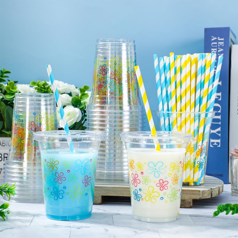 Whaline 50Pcs Cartoon Sponge Plastic Cups with Lids Straws Colorful Bikini Flower Clear Plastic Cups 12oz Disposable Cup for Birthday Baby Shower Party Favors Supplies - Image 4