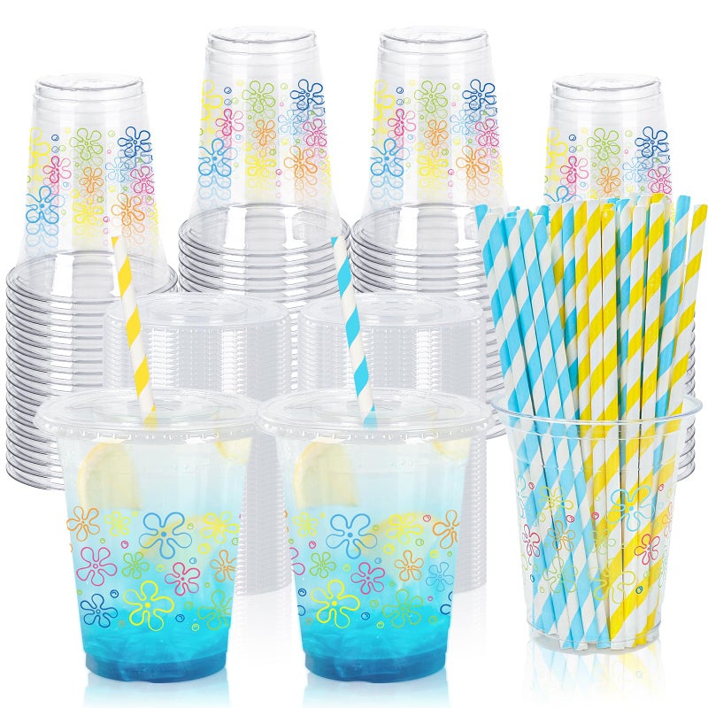 Whaline 50Pcs Cartoon Sponge Plastic Cups with Lids Straws Colorful Bikini Flower Clear Plastic Cups 12oz Disposable Cup for Birthday Baby Shower Party Favors Supplies - Image 1