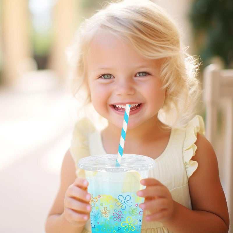 Whaline 50Pcs Cartoon Sponge Plastic Cups with Lids Straws Colorful Bikini Flower Clear Plastic Cups 12oz Disposable Cup for Birthday Baby Shower Party Favors Supplies - Image 5
