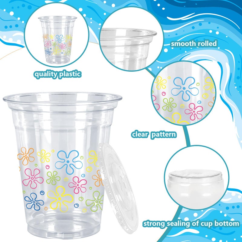 Whaline 50Pcs Cartoon Sponge Plastic Cups with Lids Straws Colorful Bikini Flower Clear Plastic Cups 12oz Disposable Cup for Birthday Baby Shower Party Favors Supplies - Image 3