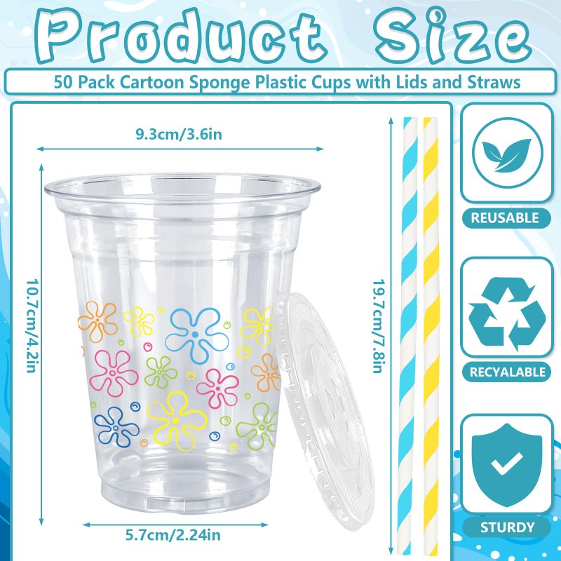 Whaline 50Pcs Cartoon Sponge Plastic Cups with Lids Straws Colorful Bikini Flower Clear Plastic Cups 12oz Disposable Cup for Birthday Baby Shower Party Favors Supplies - Image 2