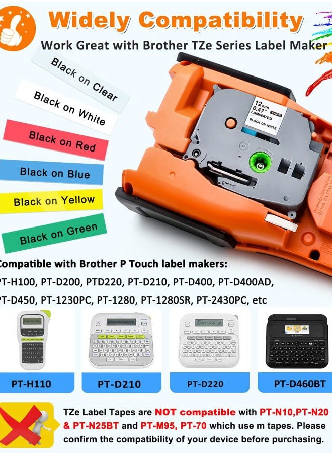 RAEMALL 6 Pack Replacement for Brother P Touch Label Maker Tape TZe Tz Tape 12mm 0.47 Laminated White/Clear/Red/Yellow/Blue/Green Compatible with Brother P-Touch Label Maker PT-D210 PT-H110 PT-D220 - Image 2