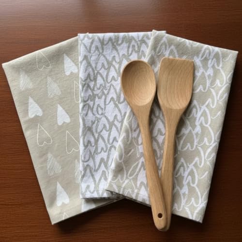 Oak & Lily Set of 3 Kitchen Napkins | Dish Towels | 100% Cotton | Premium European Quality | Washable, Large Size (40 * 60cm) Kitchen Cloth for Roti, Cleaning, Drying, Wiping | Beige Heart Print - Image 1