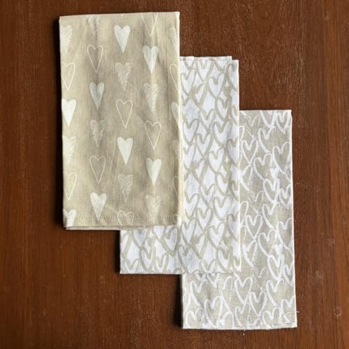 Oak & Lily Set of 3 Kitchen Napkins | Dish Towels | 100% Cotton | Premium European Quality | Washable, Large Size (40 * 60cm) Kitchen Cloth for Roti, Cleaning, Drying, Wiping | Beige Heart Print - Image 2