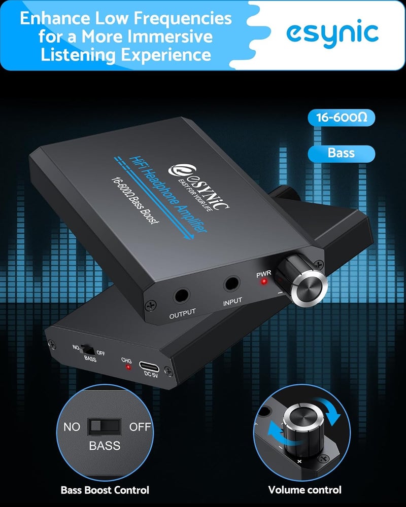 eSynic 16-600Ω Bass Headphone Amp Portable - HiFi 3.5MM Audio Headphone Amplifier Rechargeable with Bass Switch-Aluminum Alloy Case &12H Playtime-0.005% THD for MP3/Phone/PC/Laptop/Car (3.5mm AUX) - Image 4