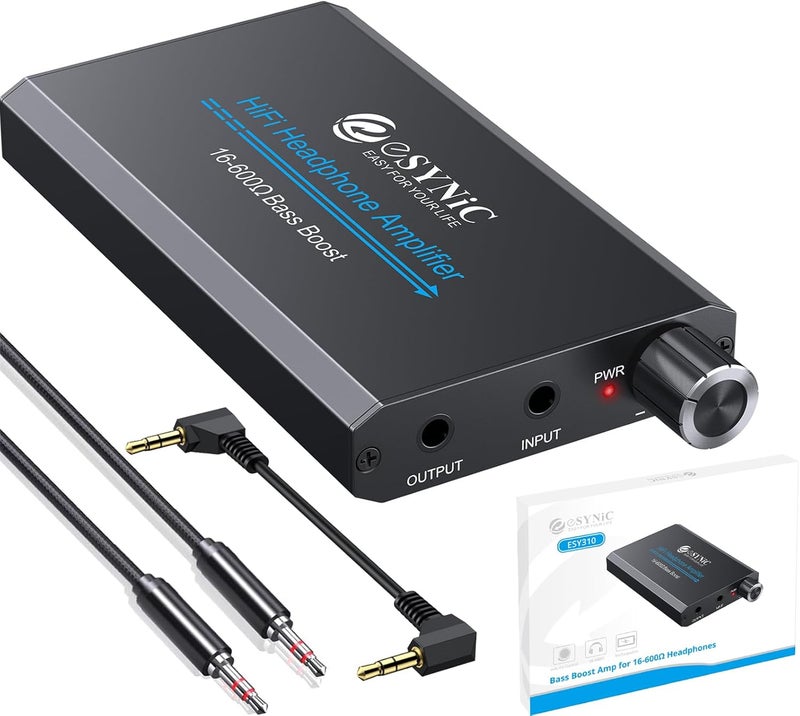 eSynic 16-600Ω Bass Headphone Amp Portable - HiFi 3.5MM Audio Headphone Amplifier Rechargeable with Bass Switch-Aluminum Alloy Case &12H Playtime-0.005% THD for MP3/Phone/PC/Laptop/Car (3.5mm AUX) - Image 1