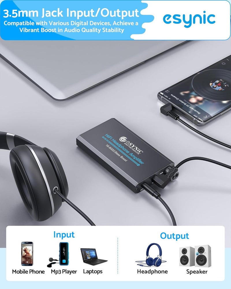 eSynic 16-600Ω Bass Headphone Amp Portable - HiFi 3.5MM Audio Headphone Amplifier Rechargeable with Bass Switch-Aluminum Alloy Case &12H Playtime-0.005% THD for MP3/Phone/PC/Laptop/Car (3.5mm AUX) - Image 5