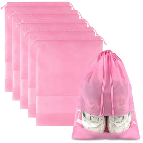 Coidea Pink Travel Shoe Bags - 5 Pcs Non-Woven Drawstring Packing Bags with Clear Window (15.7" x 11.8") - Image 1